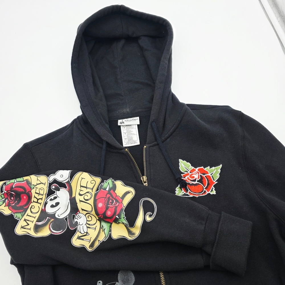 Disney Parks Womens Large Mickey Mouse Tattoo Rose Full Zip Hoodie Black
